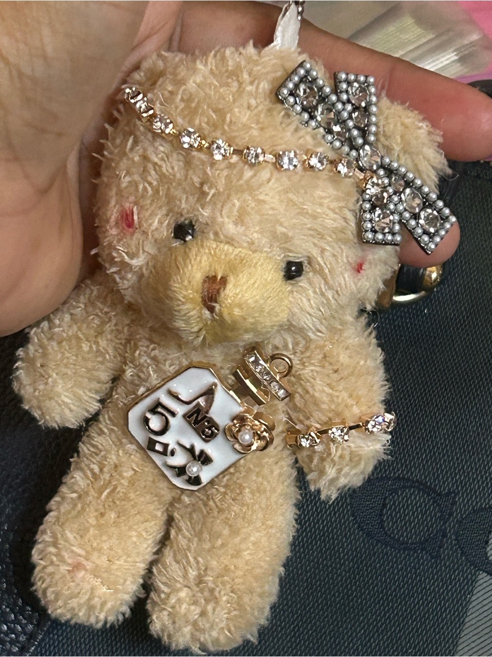 Plush Teddy Bag Charm Keychain in Beige with Crystal Accents
